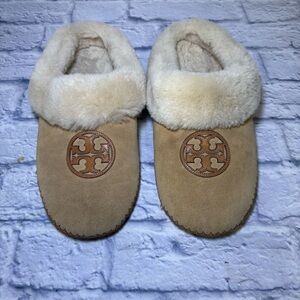 Tory Burch Coley Suede Shearling Slippers Tan Size 11 M Comfort Loafers